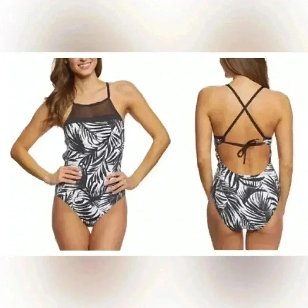 LAUREN RALPH LAUREN Palm Print One Piece Swimsuit black white high neck size 12